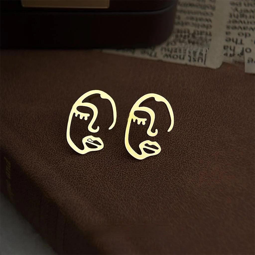 Gold Plated Copper Geometric Face Hollow Stud Earrings Korean Style Art Jewelry