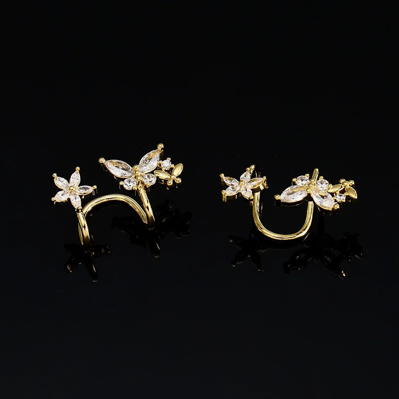 Elegant Gold Alloy Micro Pave Zircon Butterfly Flower Ear Cuff Stud & Clip On No Piercing Earrings