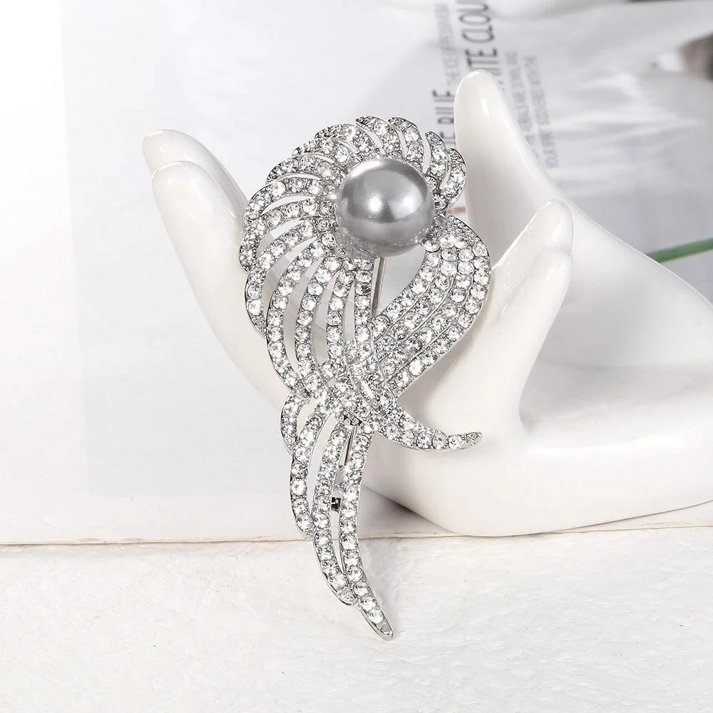 Elegant Alloy Rhinestone Wing Brooch With Faux Pearl Center, Sparkling Lapel Pin Corsage Suit Accessory