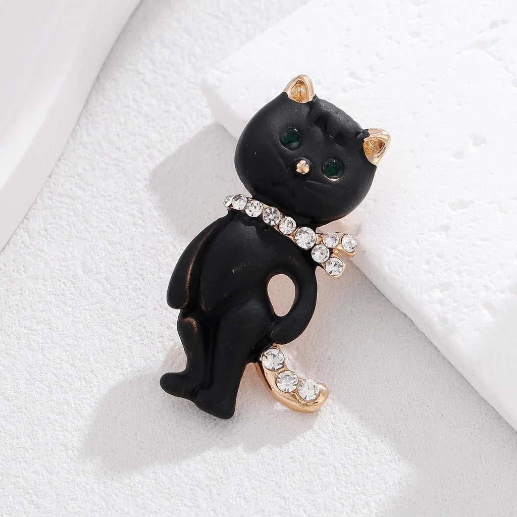 Elegant Black Cat Enamel Brooch With Rhinestone Collar, Cute Animal Lapel Pin Corsage Suit Accessory Gift