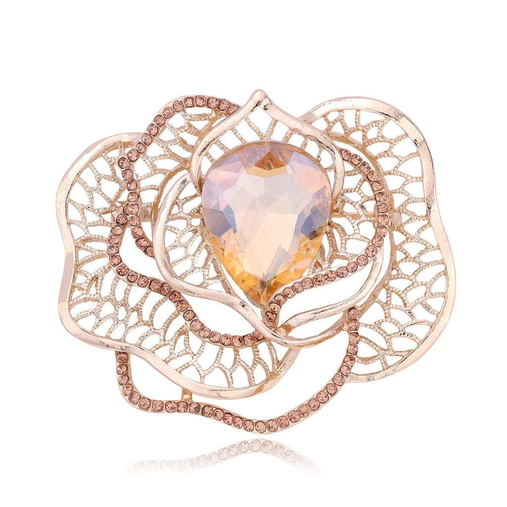 Elegant Camellia Flower Brooch With Teardrop Zircon And Rhinestones, Rose Gold Alloy Lapel Pin Gift