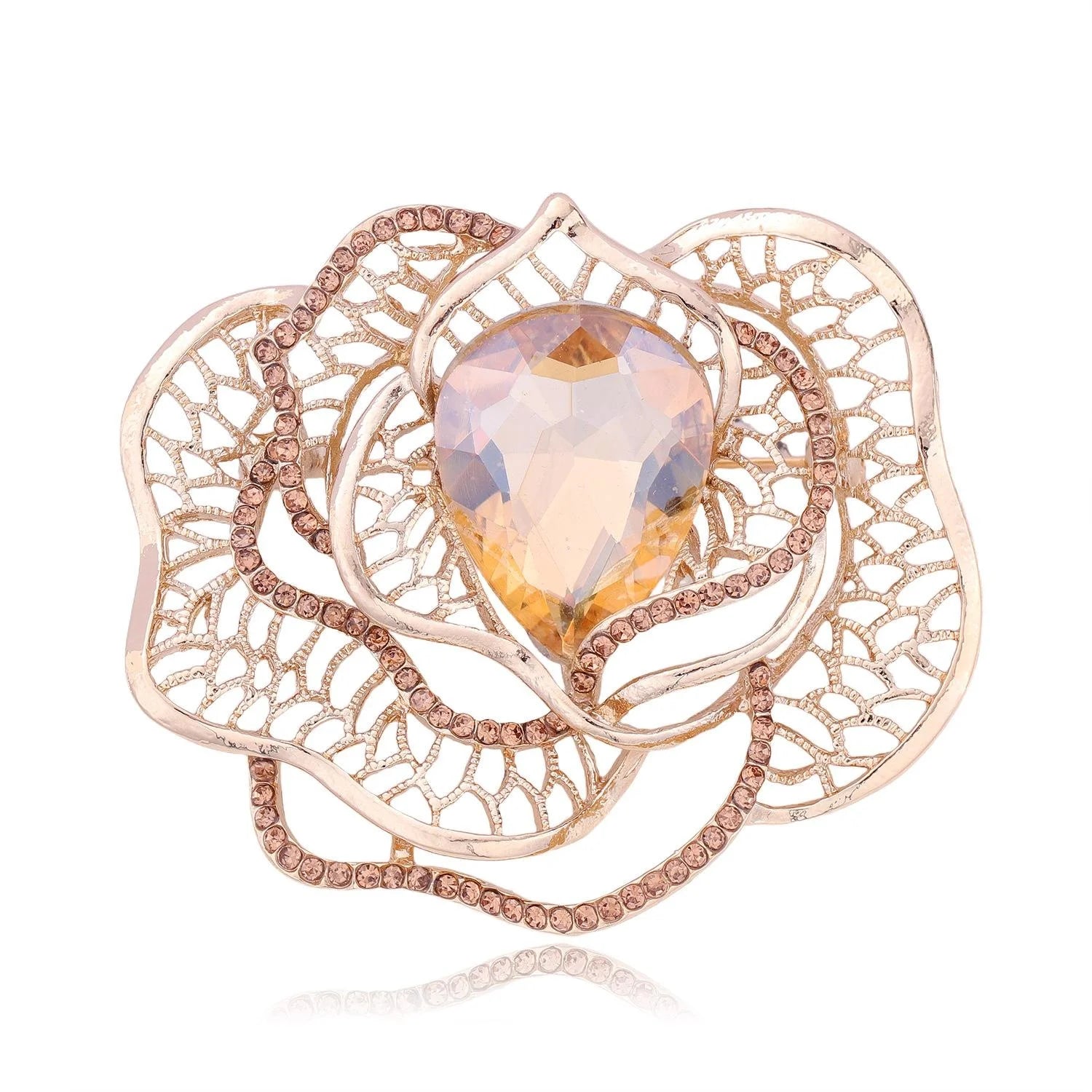 Elegant Camellia Flower Brooch With Teardrop Zircon And Rhinestones, Rose Gold Alloy Lapel Pin Gift