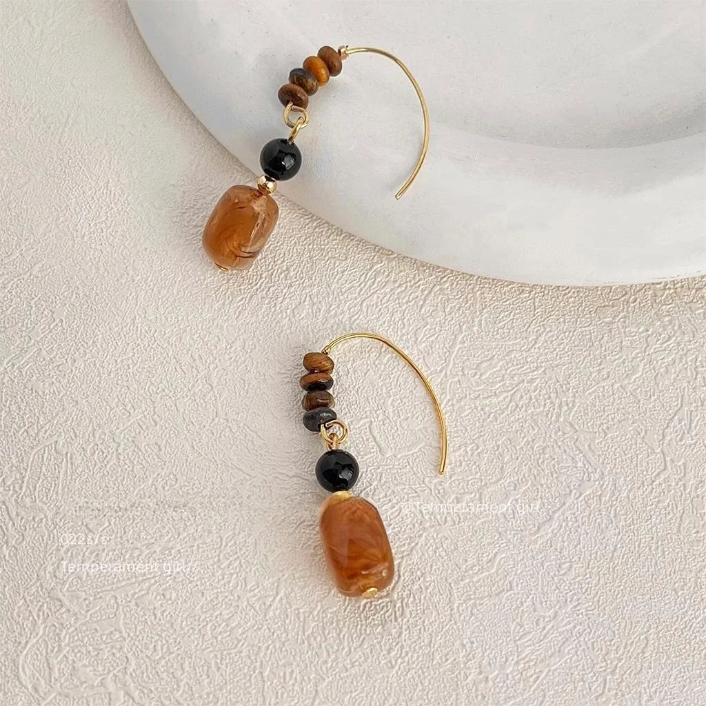 Handmade Vintage New Chinese Style Tiger Eye Natural Stone Irregular Geometric Drop Earrings