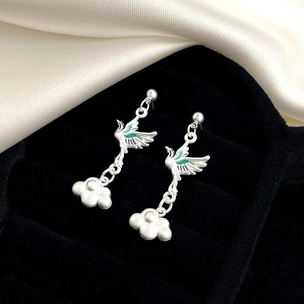 New Chinese Style Copper Crane Cloud Long Tassel Drop Earrings