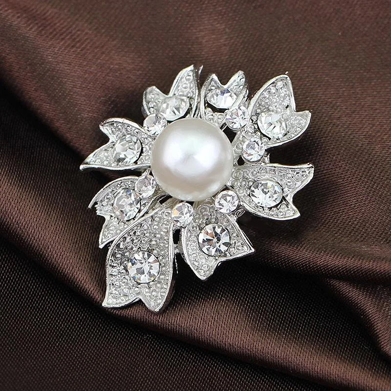 Elegant Silver Alloy Flower Brooch With Faux Pearl And Rhinestone Leaves, Korean Style Lapel Pin Gift