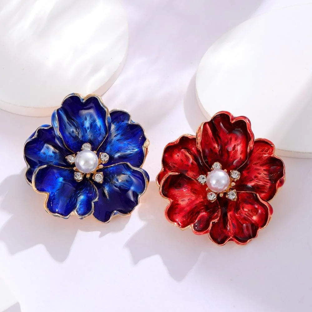 Elegant Red Enamel Peony Flower Brooch With Pearl And Rhinestones, Women's Lapel Pin Suit Accessory