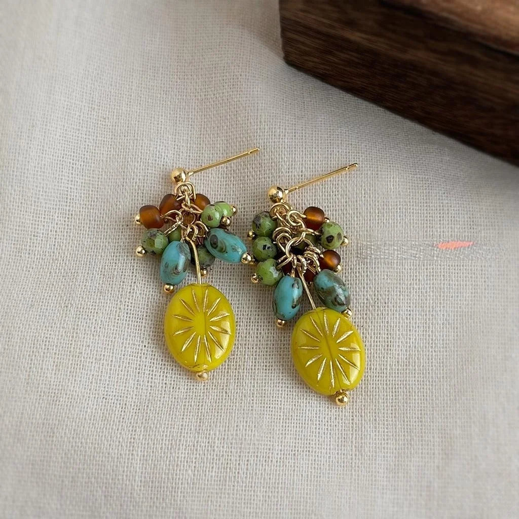 Copper Czech Glass Crystal Floral Geometric Tassel Drop Earrings Resort Style