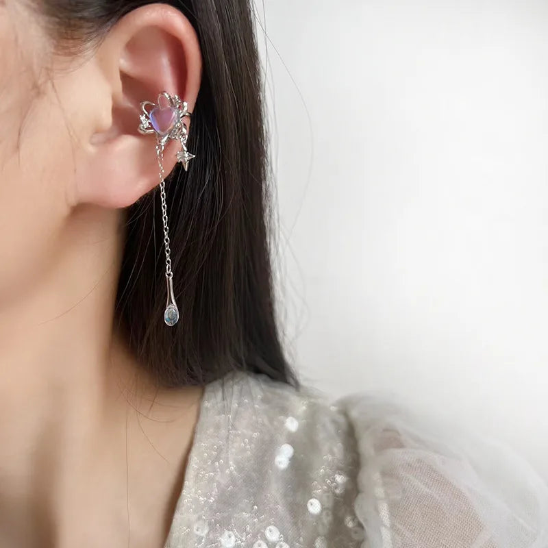 Elegant Alloy Opal Heart Star Rhinestone Long Chain Tassel Ear Cuff Stud & Clip On No Piercing Earrings