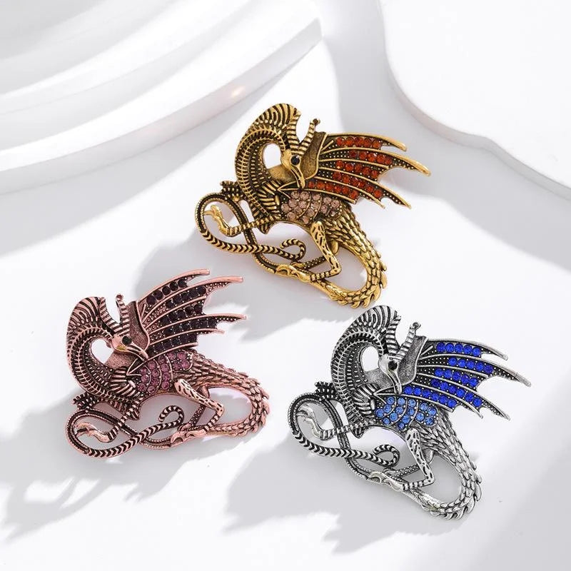 Vintage Rhinestone Pterosaur Dinosaur Brooch, Antique Gold Alloy Winged Dragon Lapel Pin Suit Accessory