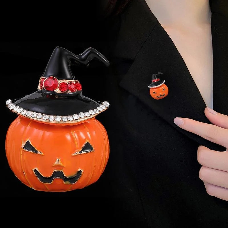Cute Halloween Enamel Pumpkin Witch Hat Brooch With Rhinestones Alloy Lapel Pin Corsage Gift Accessory