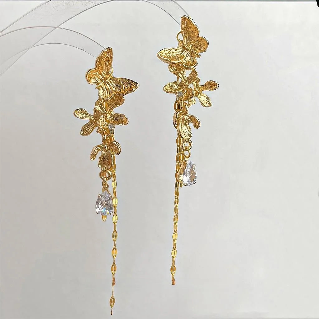 Luxury Copper Butterfly Tassel Drop Earrings Long Teardrop Convertible Statement Jewelry