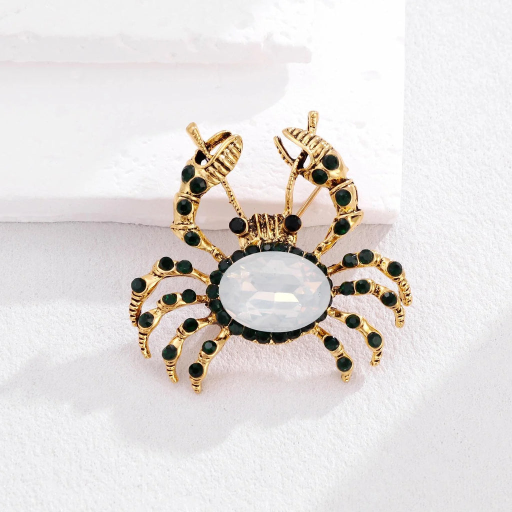 Cute Gold Alloy Crab Brooch With Green Rhinestones, Elegant Ocean Lapel Pin Suit Accessory Gift