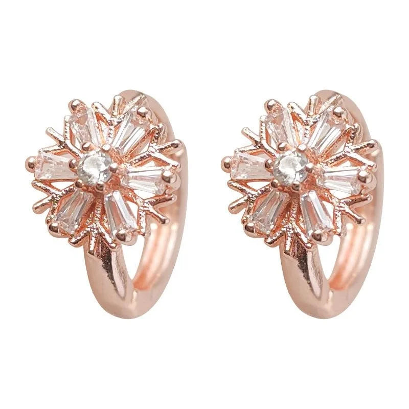 Rose Gold Plated Copper Snowflake Stud Earrings With Micro Pave Zircon Minimalist Style