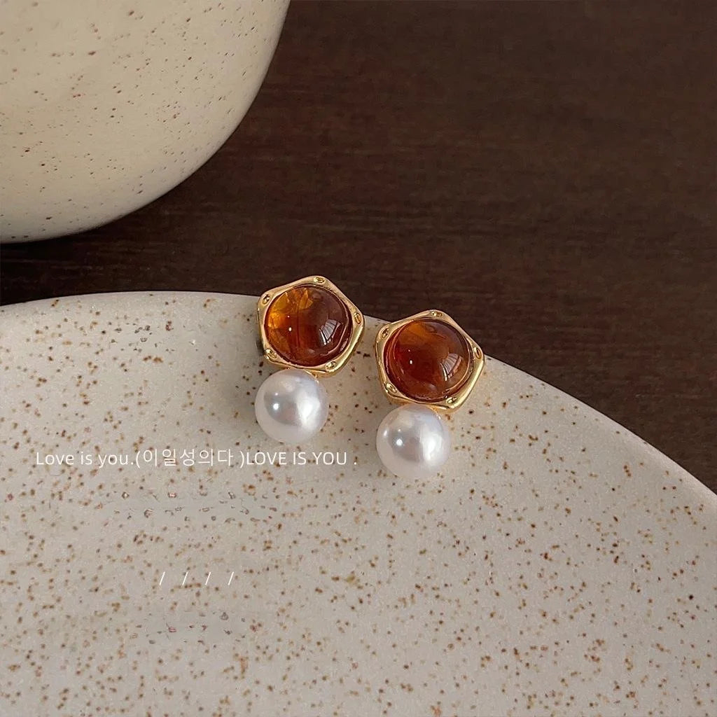 Maillard Amber Copper Pearl Drop Earrings Irregular Geometric French Elegant Commuter Jewelry
