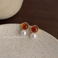 Maillard Amber Copper Pearl Drop Earrings Irregular Geometric French Elegant Commuter Jewelry