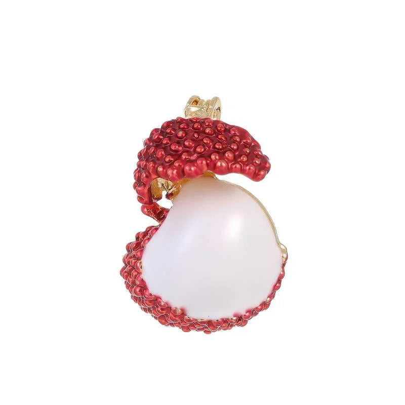 Elegant Red Enamel Lychee Fruit Brooch With Alloy Gold Tone Open Design, Cute Lapel Pin Corsage Gift