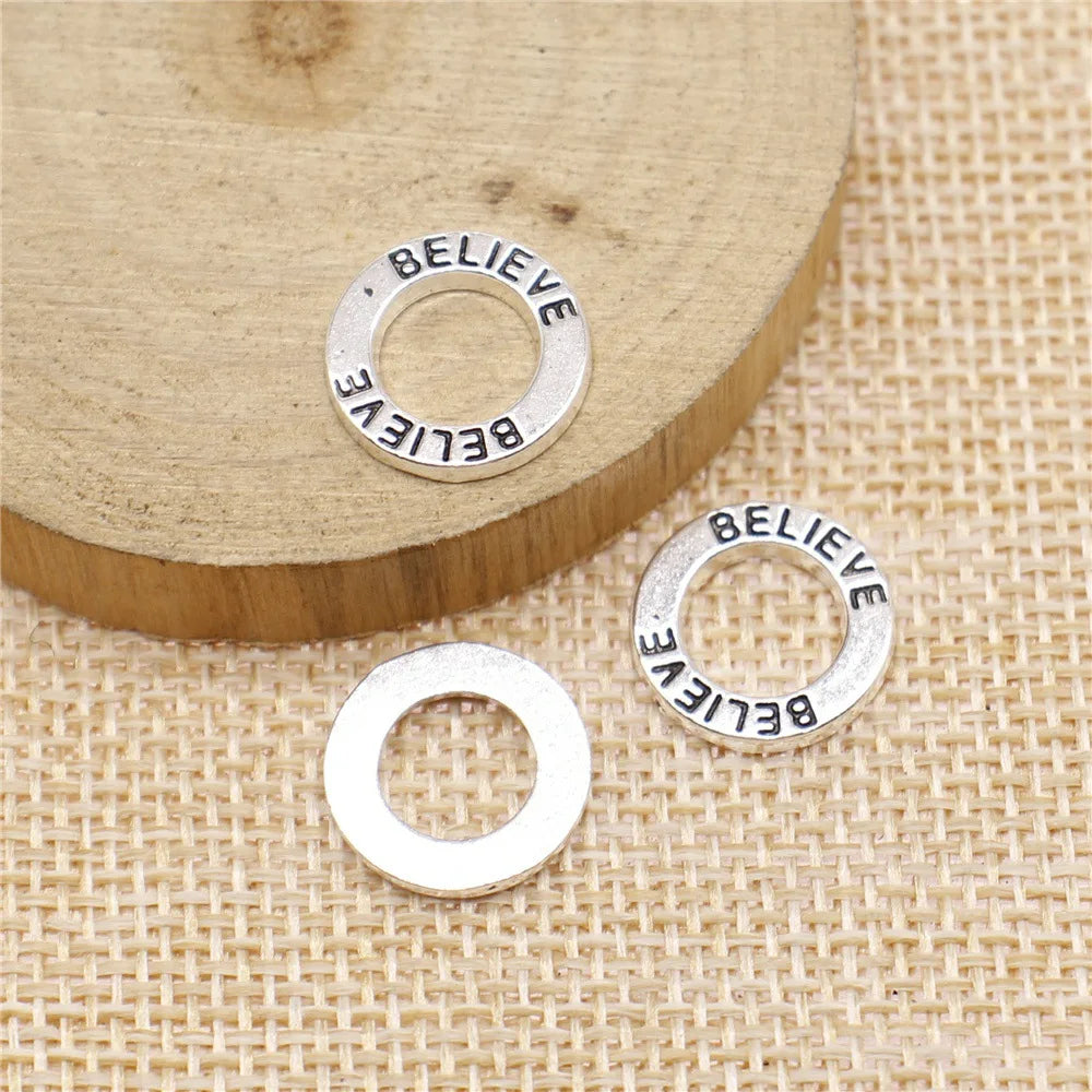 14mm 1.1g Antique Silver Zinc Alloy Believe Round Ring Letter Charm Pendant for DIY Bracelet Necklace