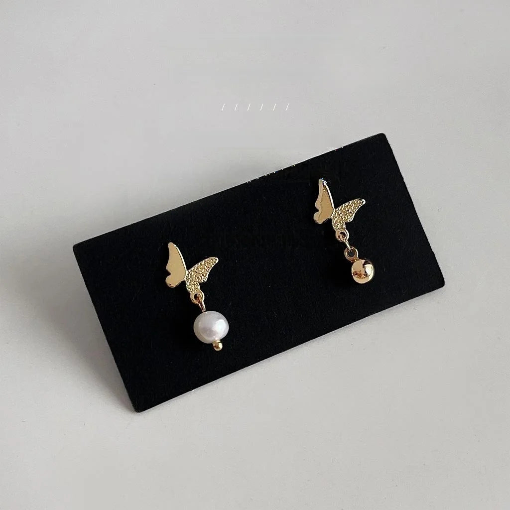 14K Plated Copper Freshwater Pearl Butterfly Stud Earrings Sweet Handmade Jewelry