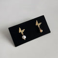 14K Plated Copper Freshwater Pearl Butterfly Stud Earrings Sweet Handmade Jewelry