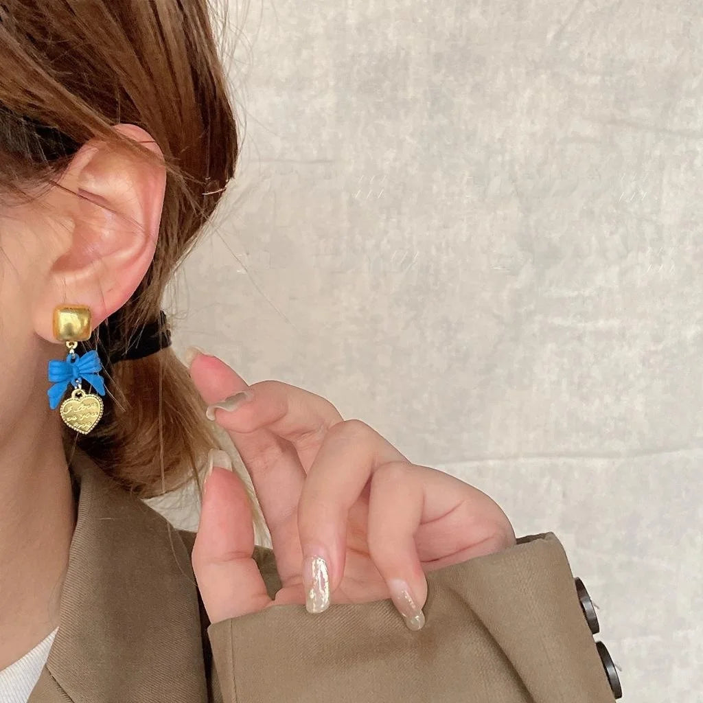 14K Gold Plated Copper Blue Enamel Bow Stud Earrings For Women Light Luxury Heart Square Jewelry