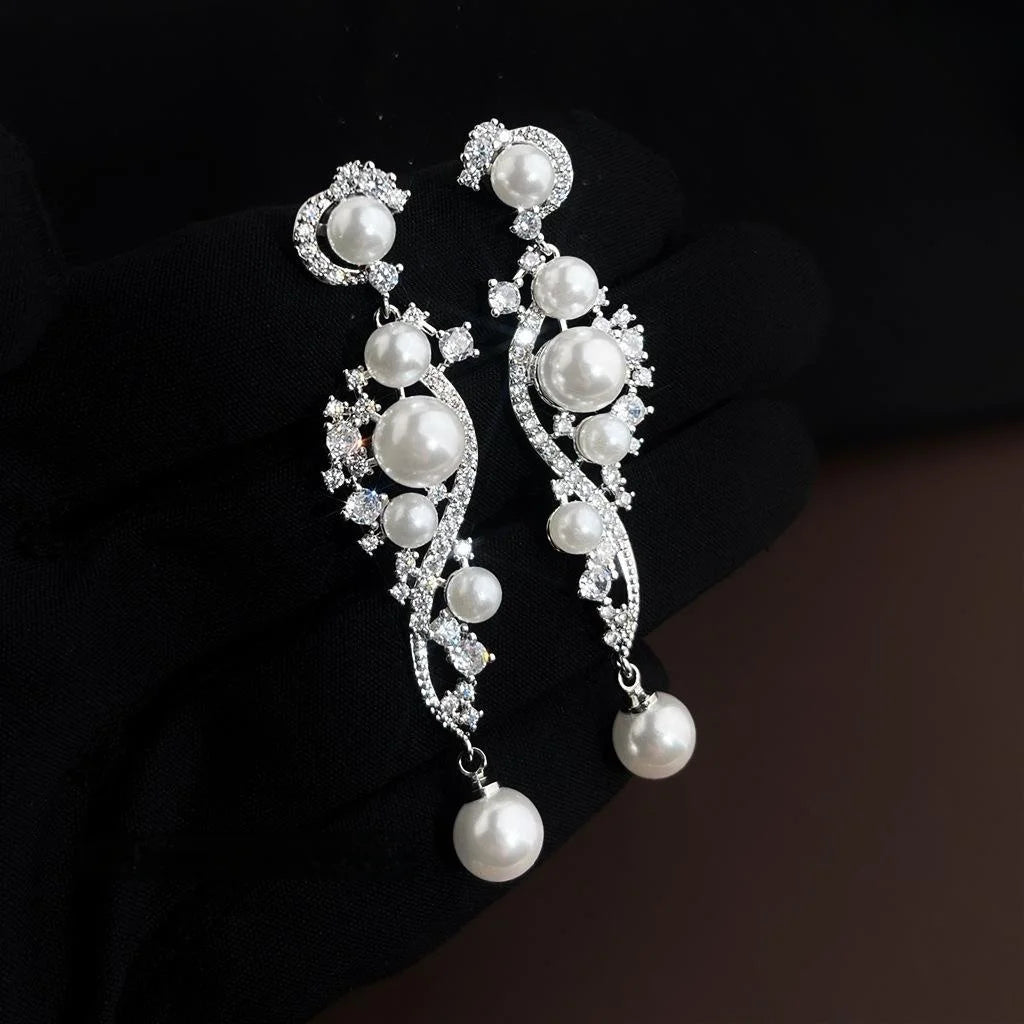 Luxury Copper Zirconia Faux Pearl Tassel Vine Geometric Drop Earrings for Evening Wear