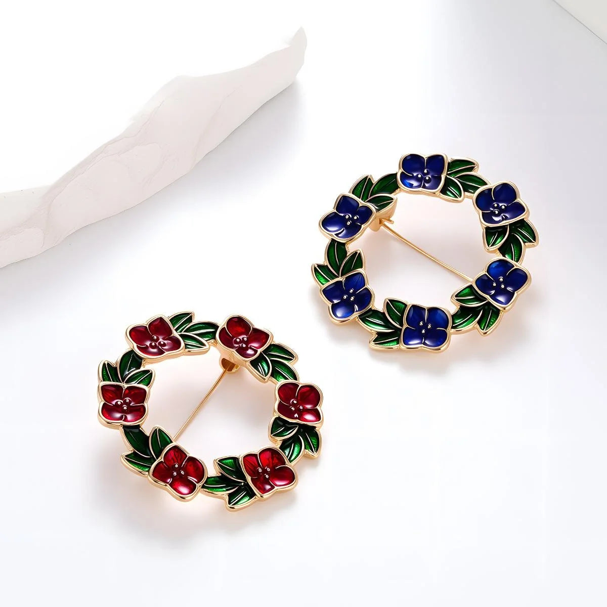 Vintage Alloy Enamel Floral Wreath Brooch With Red Flowers Green Leaves, Elegant Lapel Pin Suit Accessory Gift