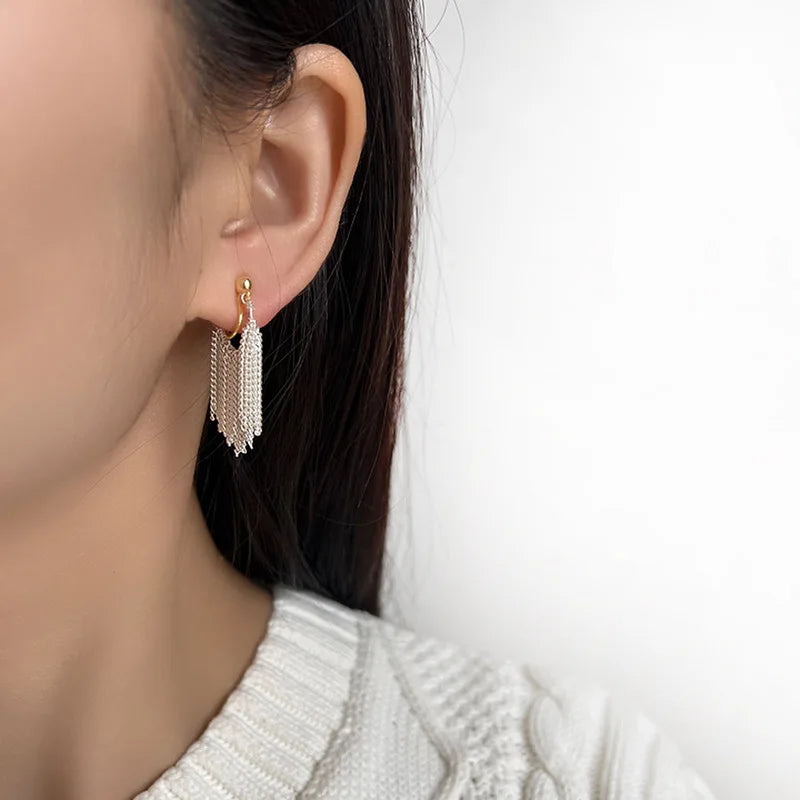 Elegant Alloy U Hoop Waterfall Silver Chain Tassel Fashion Stud & Clip On No Piercing Earrings