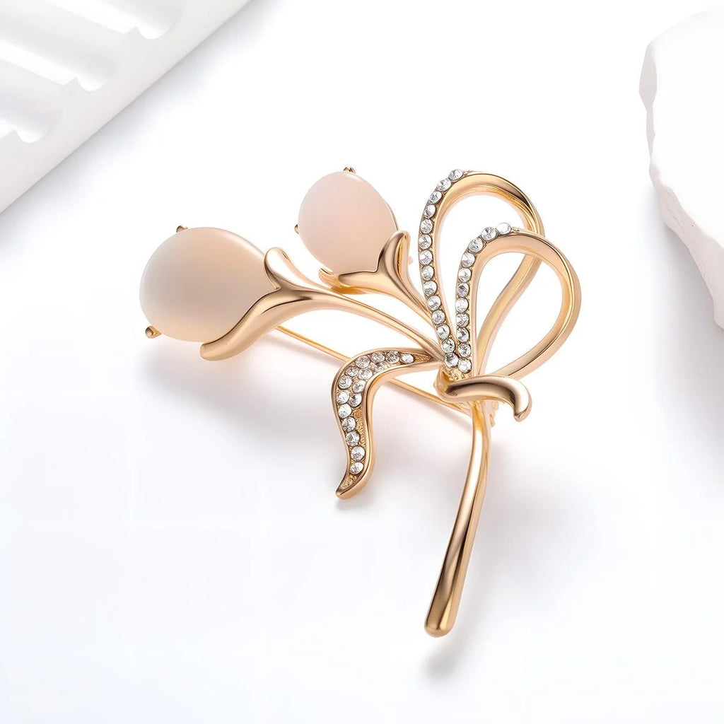 Elegant Tulip Flower Brooch With Cat Eye Stone And Rhinestone Rose Gold Alloy Lapel Pin Corsage Gift