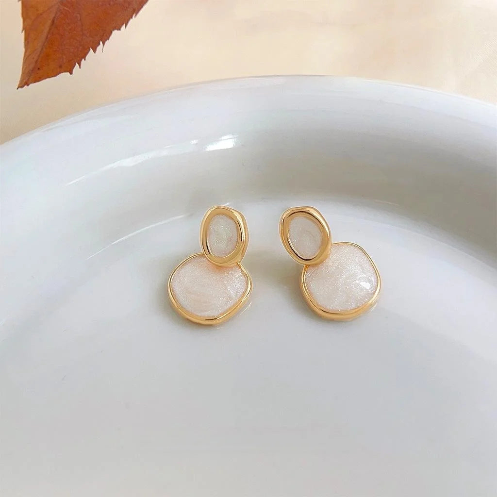 French Vintage Cream White Enamel Irregular Geometric Drop Earrings