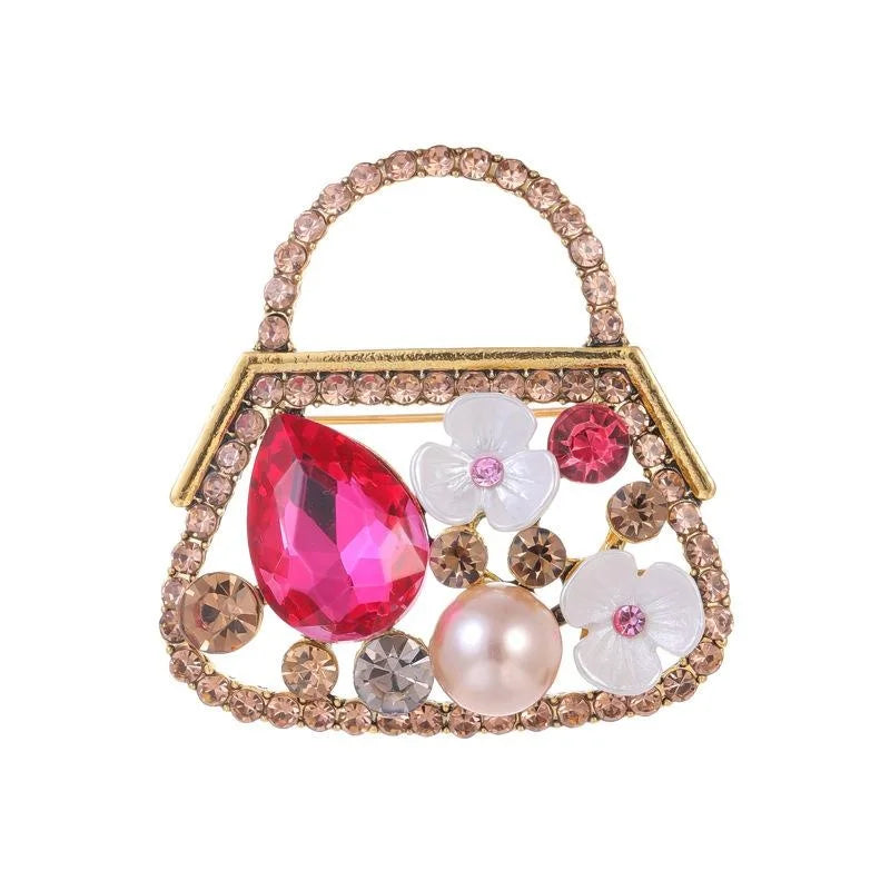 Vintage Handbag Brooch With Pink Rhinestones, Faux Pearl And Mother Of Pearl Flowers, Elegant Lapel Pin Gift