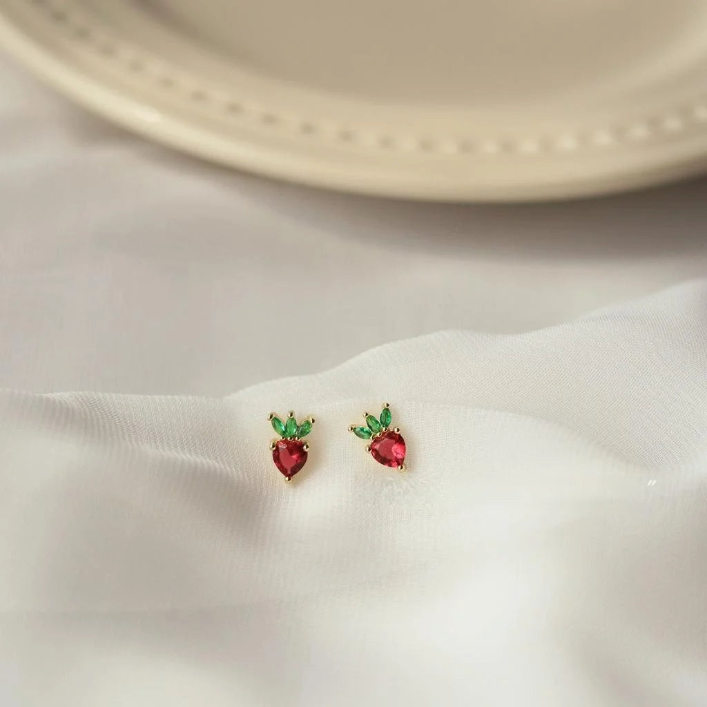 Mini Red Strawberry Zircon 14K Plated Copper Stud Earrings For Women Simple Fruit Jewelry