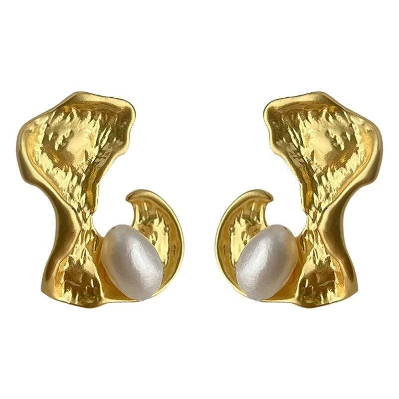 Vintage Copper Freshwater Pearl Stud Earrings Irregular Geometric Light Luxury Jewelry