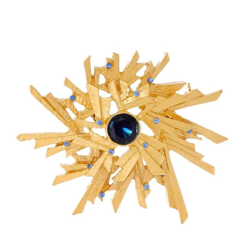 Vintage Gold Snowflake Starburst Brooch With Blue Rhinestones, Elegant Lapel Pin Suit Accessory Gift