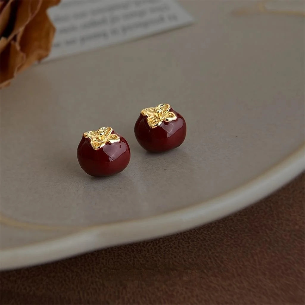 Vintage Burgundy Persimmon Enamel Glaze Eco-Friendly Copper Stud Earrings
