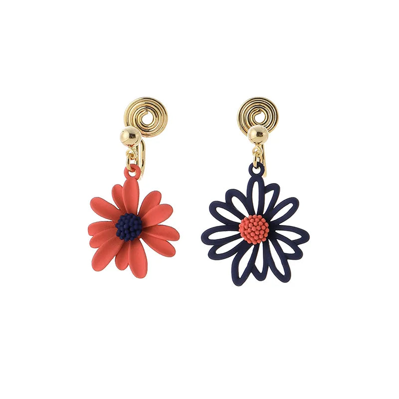 Asymmetric Enamel Daisy Flower Alloy Stud & Clip On No Piercing Sweet Dangle Drop Earrings