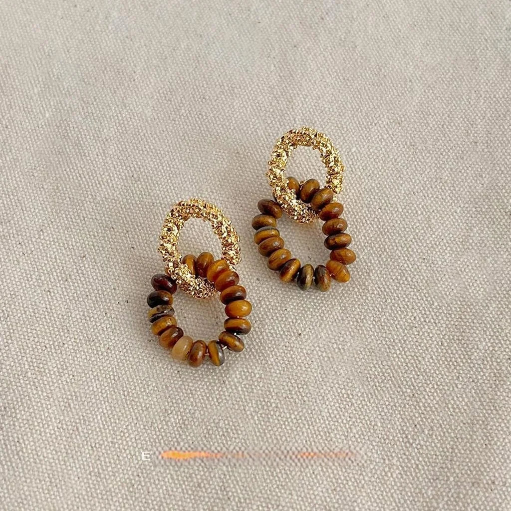 14K Gold Plated Copper Tiger Eye Geometric Hollow Cross Vintage Maillard Handmade Drop Earrings