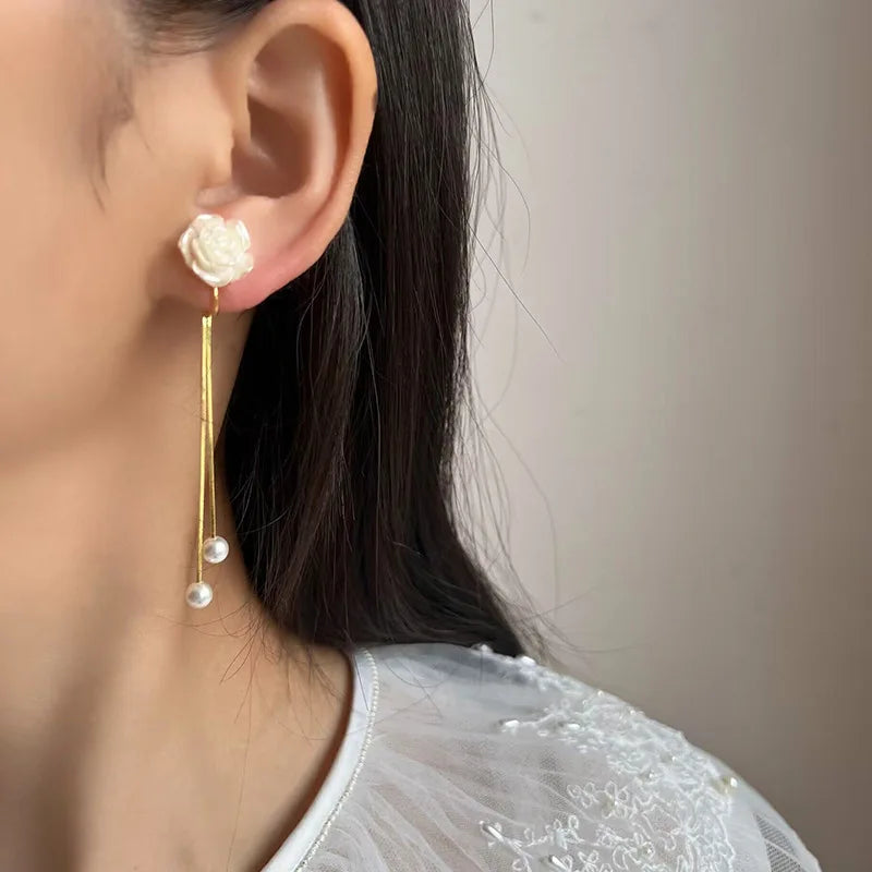 Elegant Rose Flower Pearl Tassel Alloy Chain Stud & Clip On No Piercing Long Drop Earrings