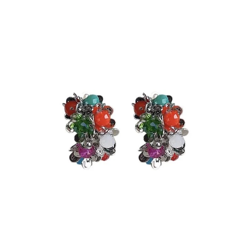 Colorful Glass Flower Hoop Earrings Copper C Shape Vacation Style Sweet Floral Jewelry