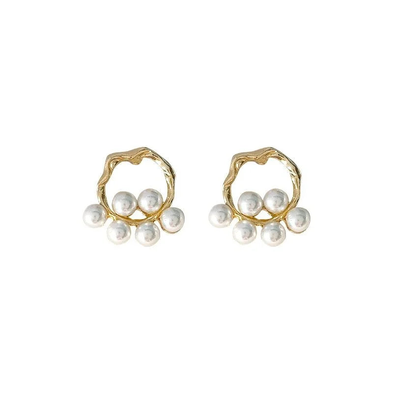 French Vintage Copper Hollow Geometric Pearl Stud Earrings Minimalist Textured Round Jewelry