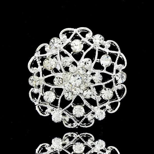 Elegant Silver Plated Rhinestone Flower Brooch, Openwork Alloy Lapel Pin Corsage For Women Gift