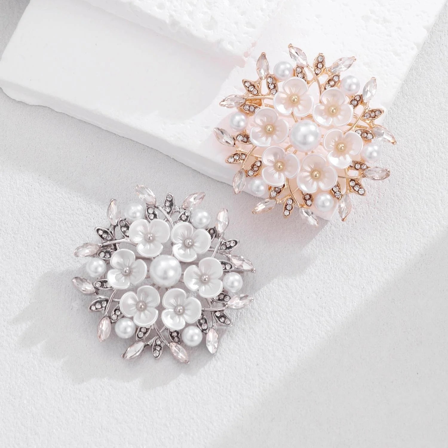 Elegant Pearl Flower Brooch With Rhinestone Leaves, Silver Alloy Floral Lapel Pin Corsage Gift