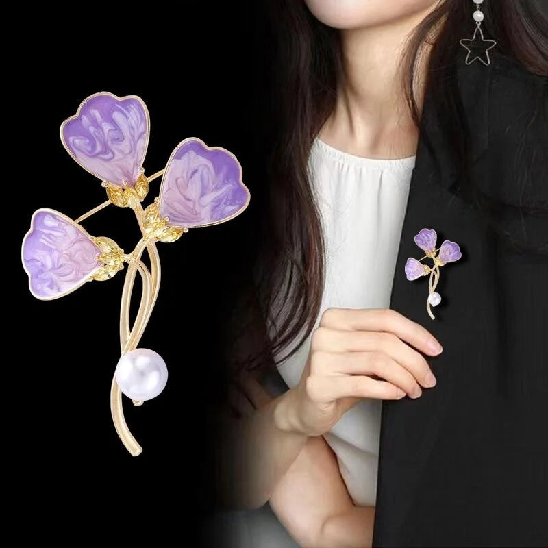 Elegant New Chinese Purple Enamel Clover Flower Brooch With Pearl, Rhinestone Lapel Pin Corsage Gift