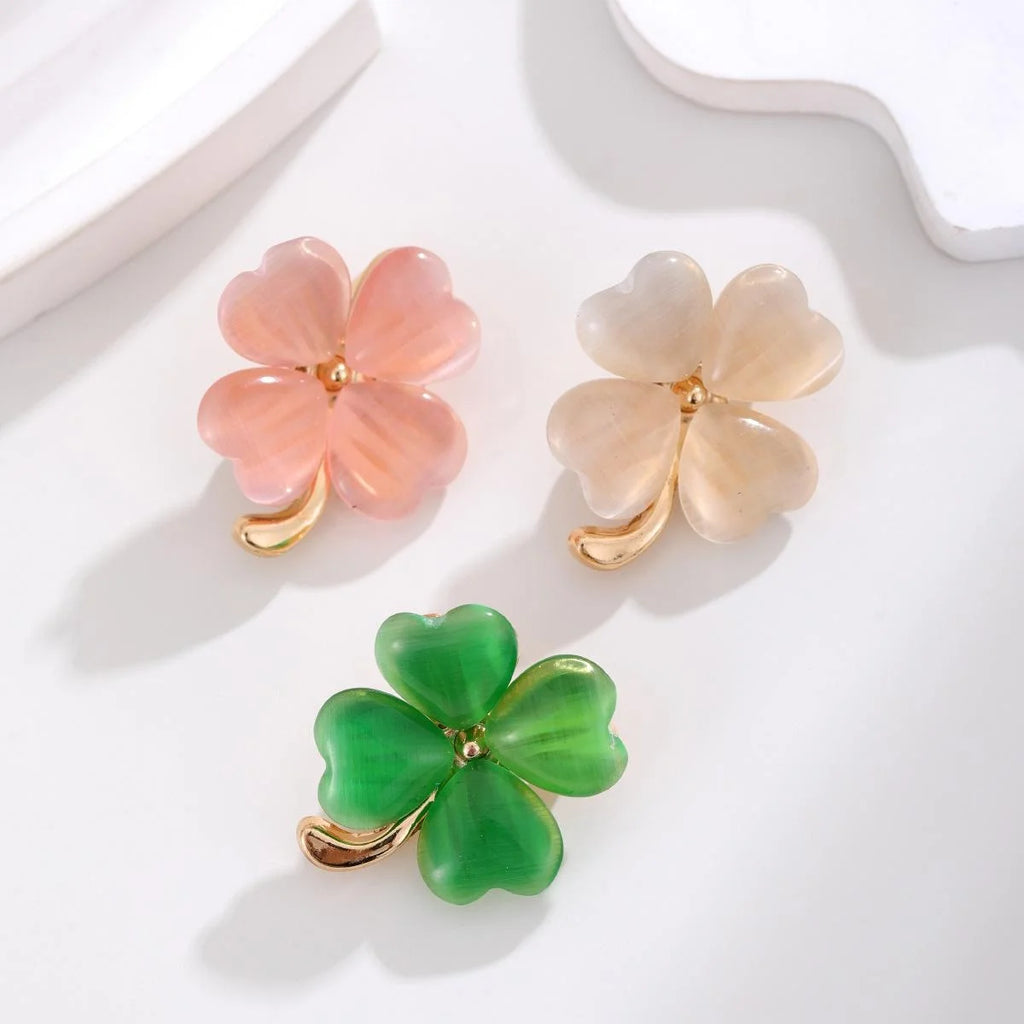 Elegant Green Cat Eye Four Leaf Clover Alloy Brooch For Women, Lucky Lapel Pin Corsage Suit Accessory