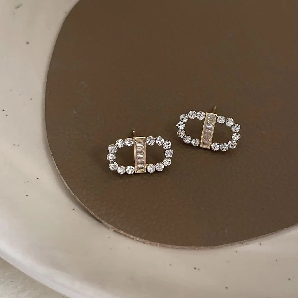 Light Luxury Copper Stud Earrings With Micro Pave Zircon Letter Oval Geometric Minimalist Design
