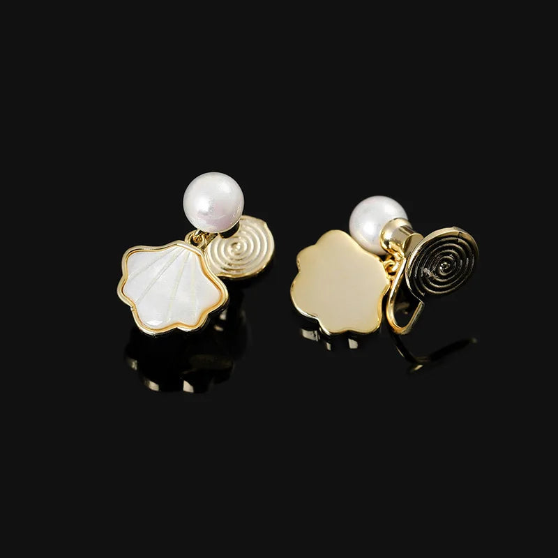 Elegant Pearl Shell Spiral Alloy Stud & Clip On No Piercing Sweet Mermaid Scallop Drop Earrings