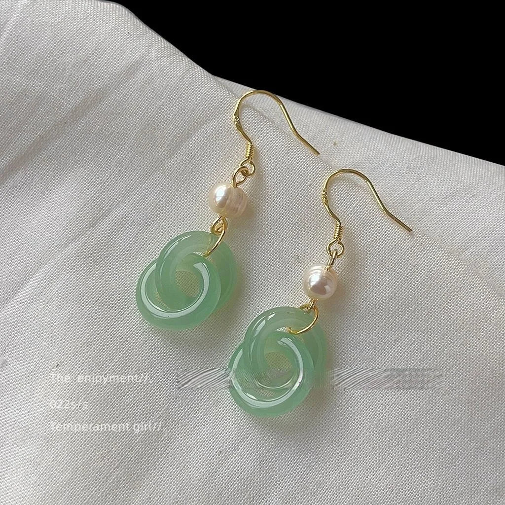 Freshwater Pearl Geometric Tassel Drop Earrings Light Jade Vintage Handmade Jewelry For Women