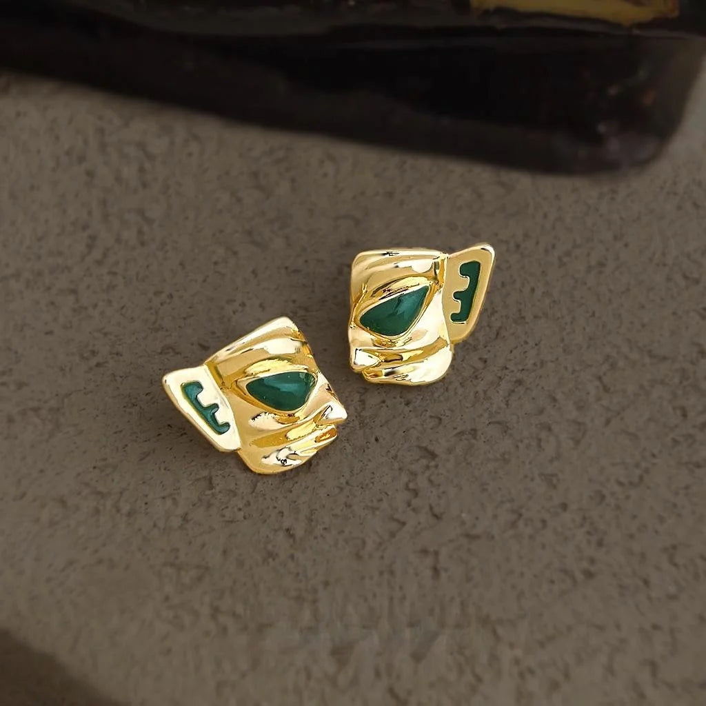 French Vintage Mask Copper Enamel Stud Earrings With Silver Plated Pins Niche Geometric Style