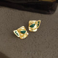 French Vintage Mask Copper Enamel Stud Earrings With Silver Plated Pins Niche Geometric Style