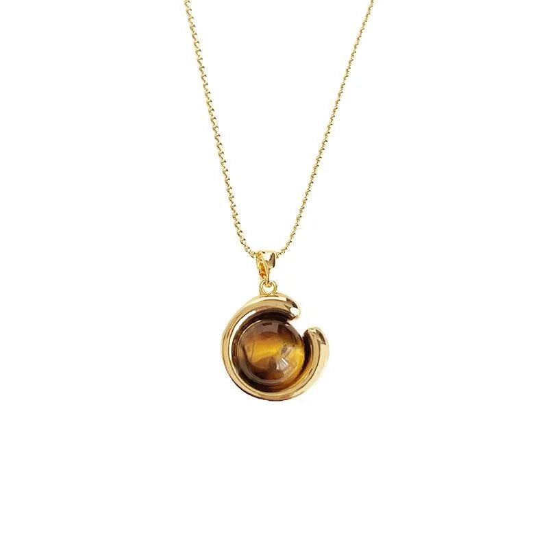 18K Gold Plated Tiger Eye Geometric Round Oval Pendant Necklace Vintage Clavicle Chain