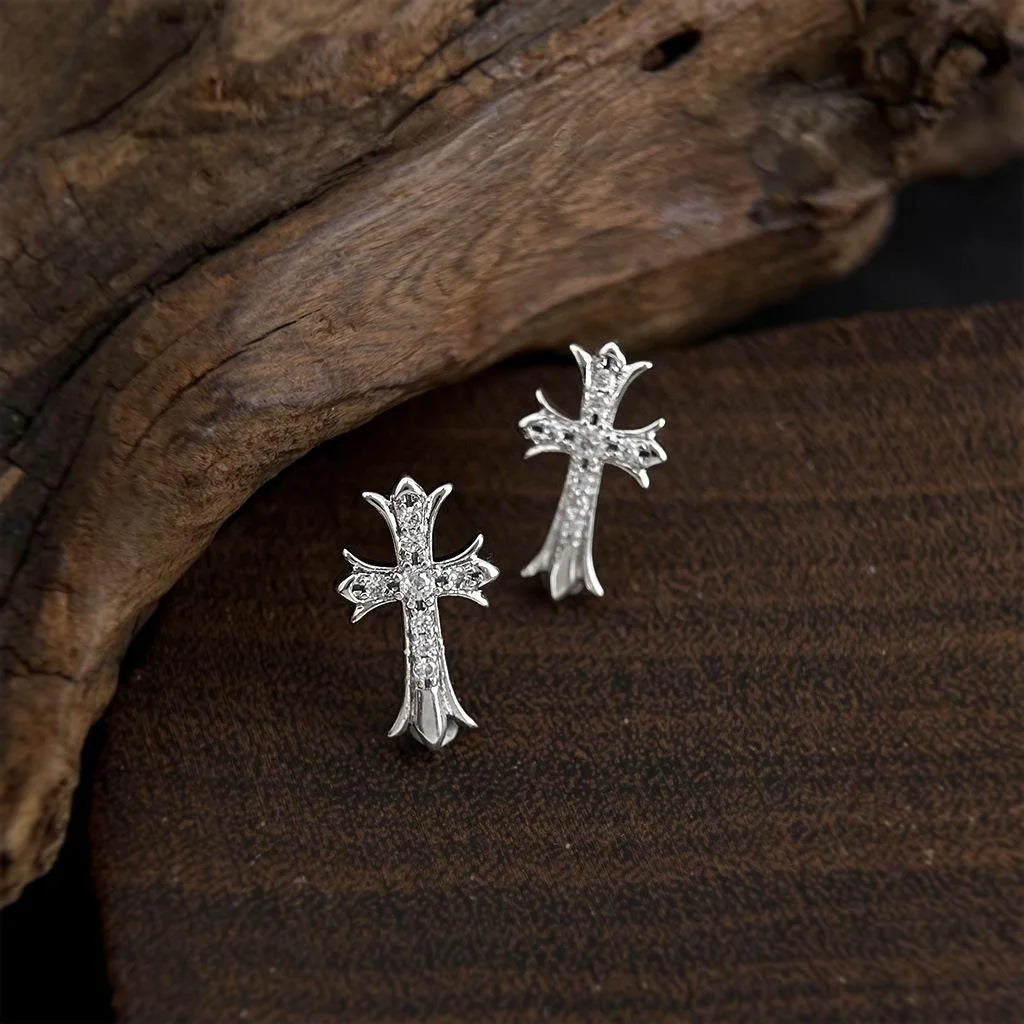 Punk Copper Micro Pave Zircon Cross Mini Stud Earrings Street Fashion Geometric Jewelry